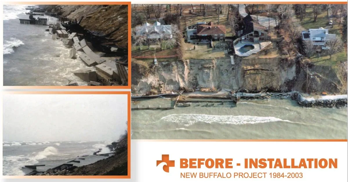 A second Michigan site, 1998: the newly installed system in the water along an eroded stretch of Lake Michigan shoreline.