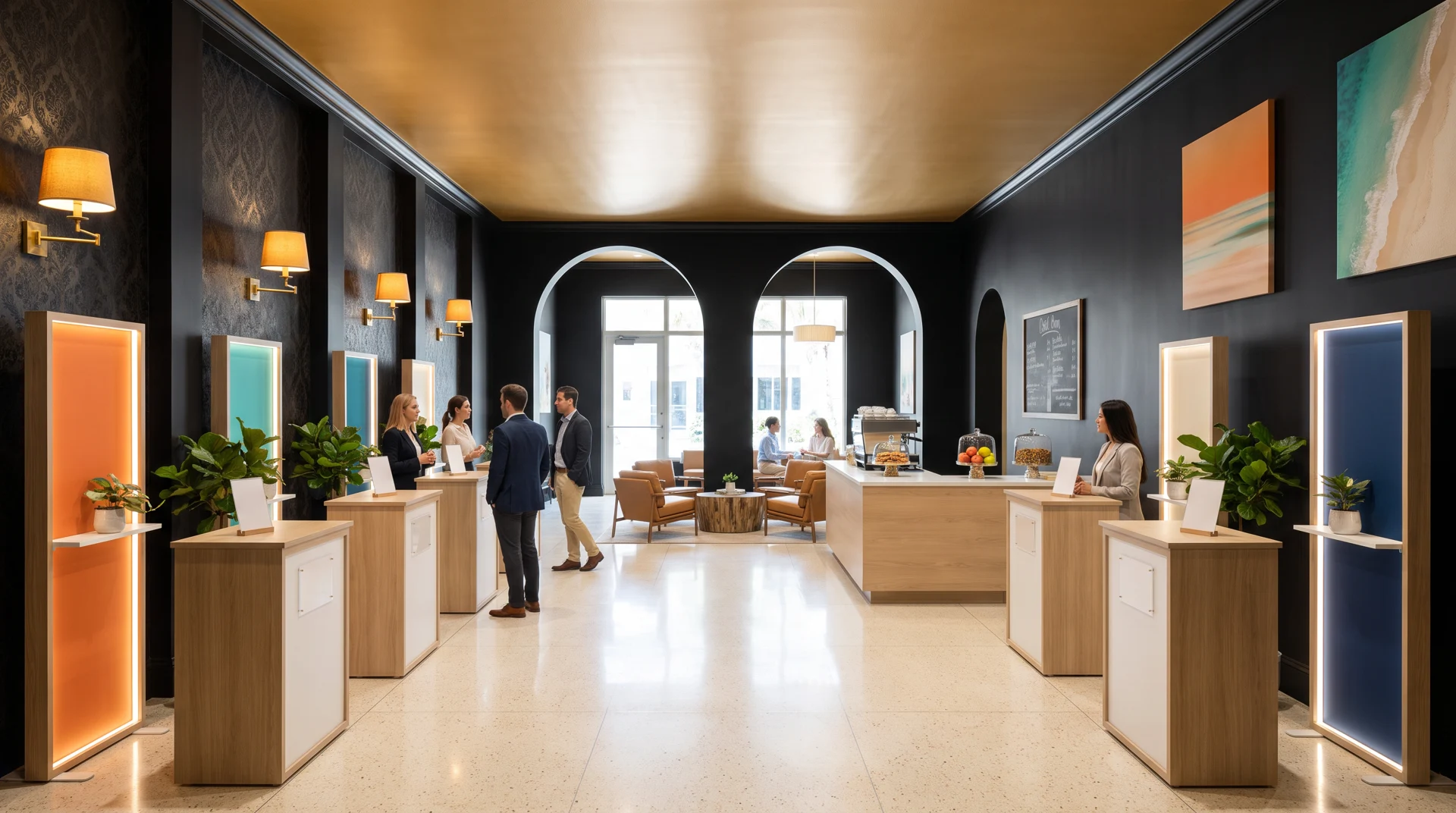 Six-booth indoor trade show with café bar, gold ceiling and dark gallery walls — design concept rendering