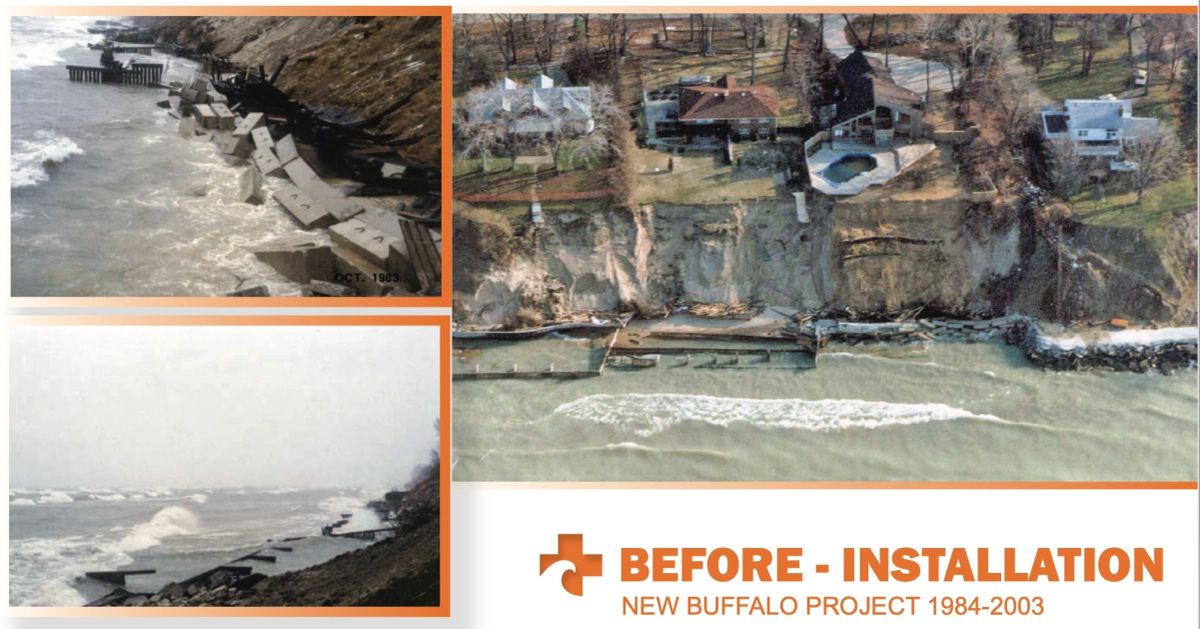 Shoreline at site three before the Beach Recovery system was installed, with a narrow eroded beach.