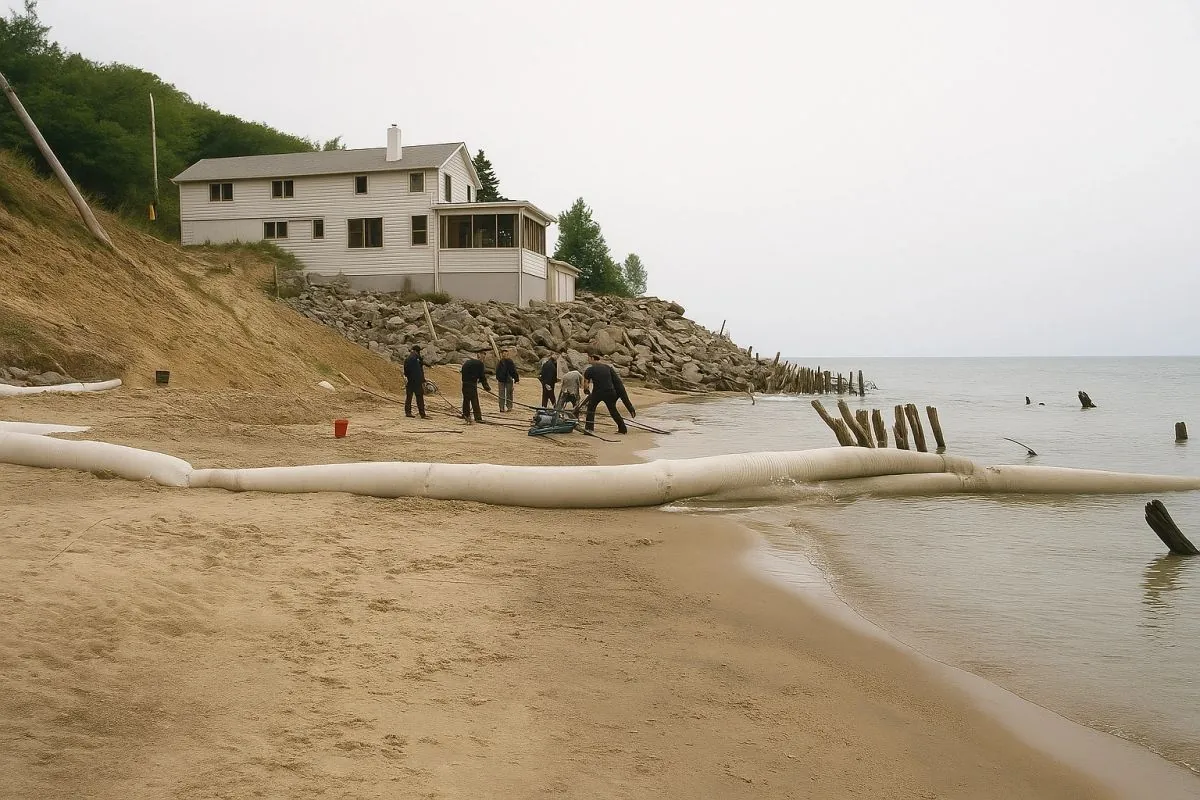 Early prototype site, circa 2000: geotextile containment tubes newly installed along a severely eroded shoreline.