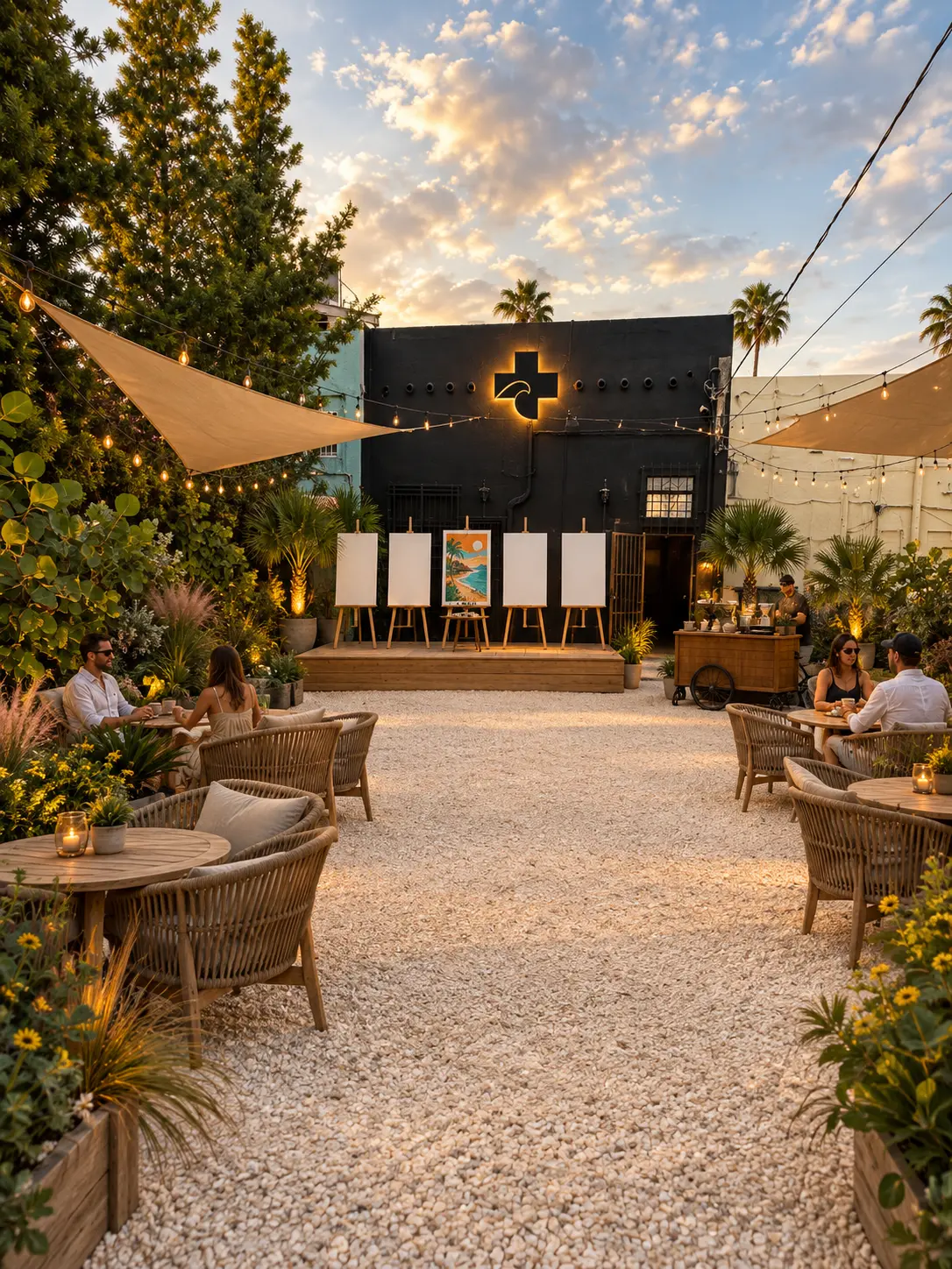 Landscaped rear-lot lounge with artists’ easels and illuminated Beach Recovery Cross — design concept rendering