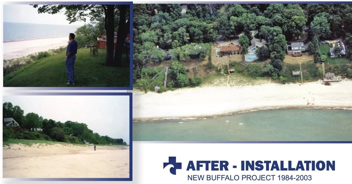 The same Michigan site, 2000: nearshore beach restored, with sand captured and held along the shoreline.