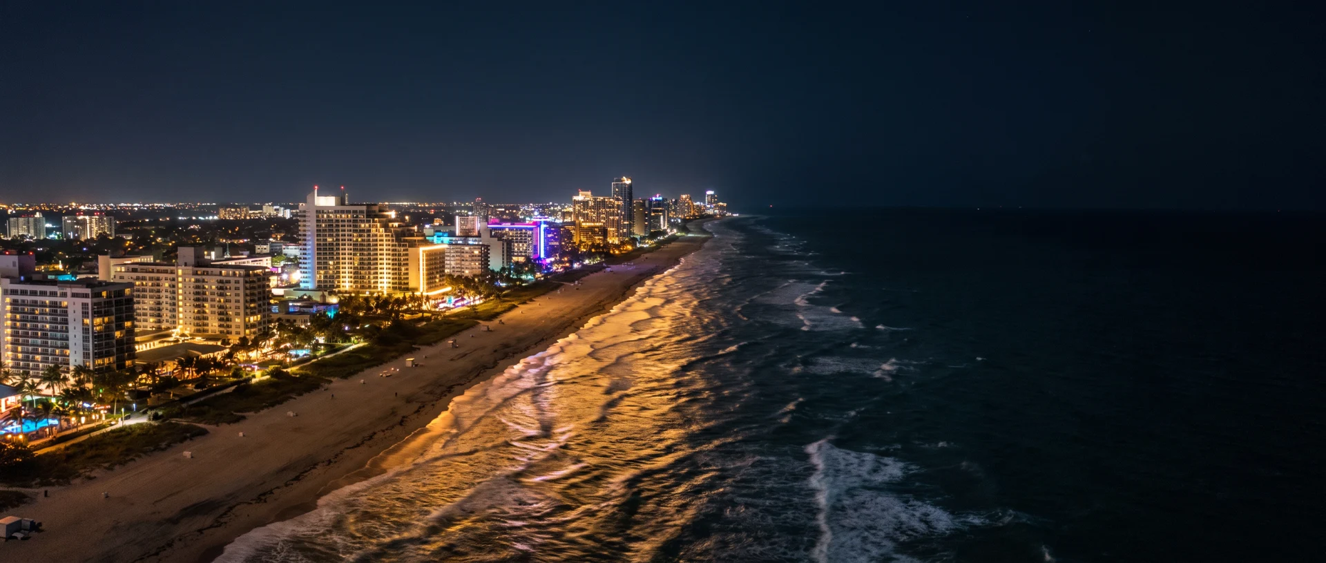 Miami Beach coastline at night