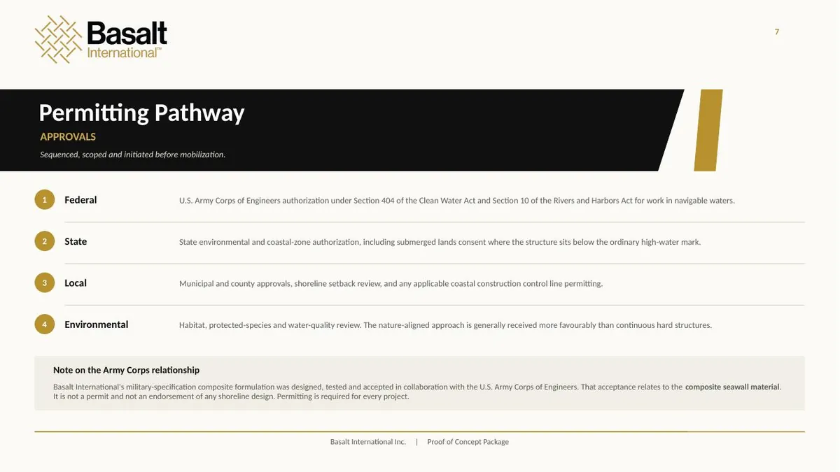 Page 7 of the Basalt International proof of concept: Permitting Pathway.