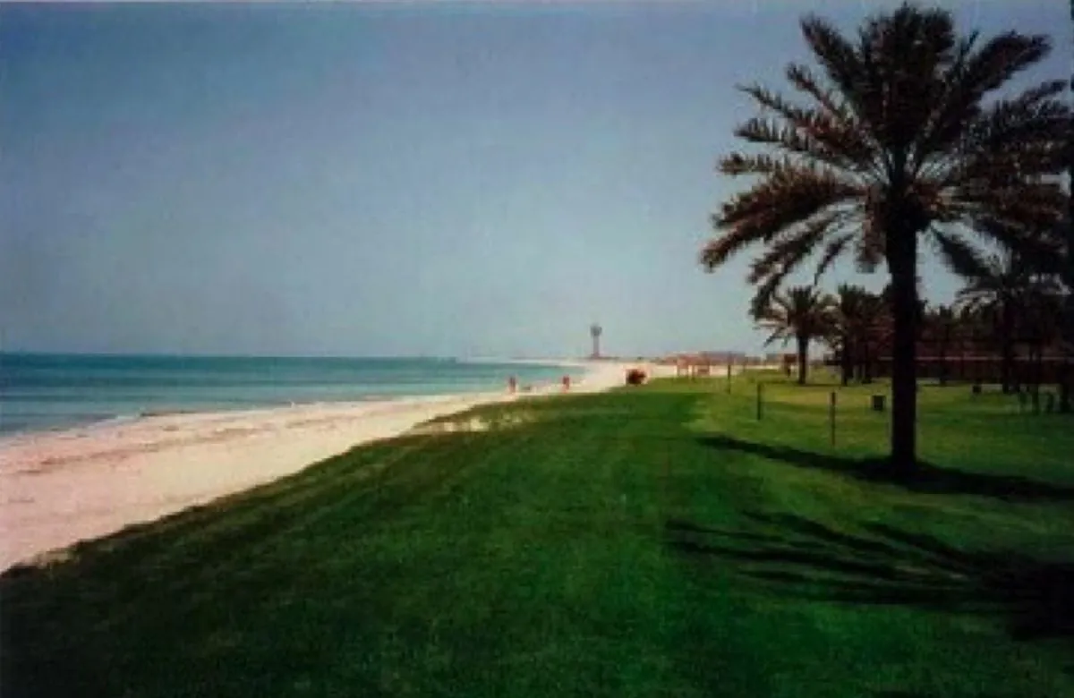 Manistee, Michigan, 1993: the eroded shoreline north of the Federal Harbor before installation, with water reaching the bank and no dry beach.