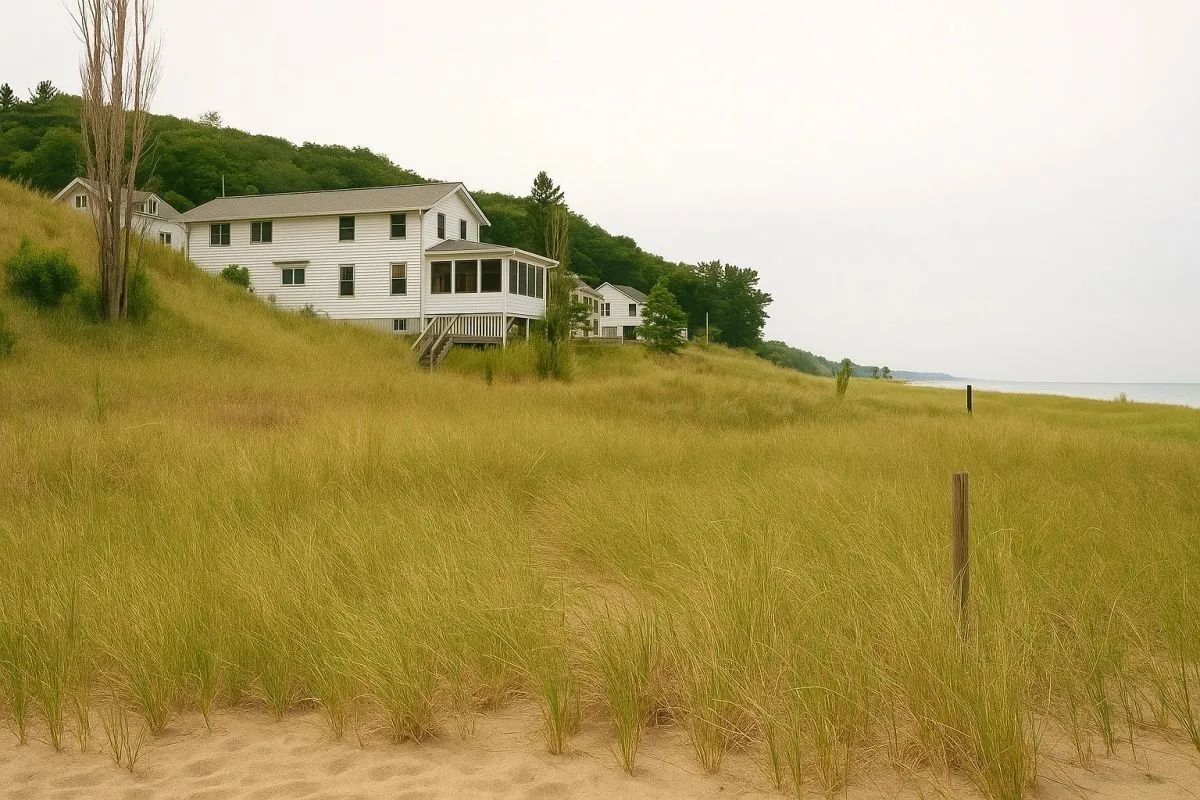 The same prototype site, circa 2017: a wide beach with established vegetation across the restored profile.