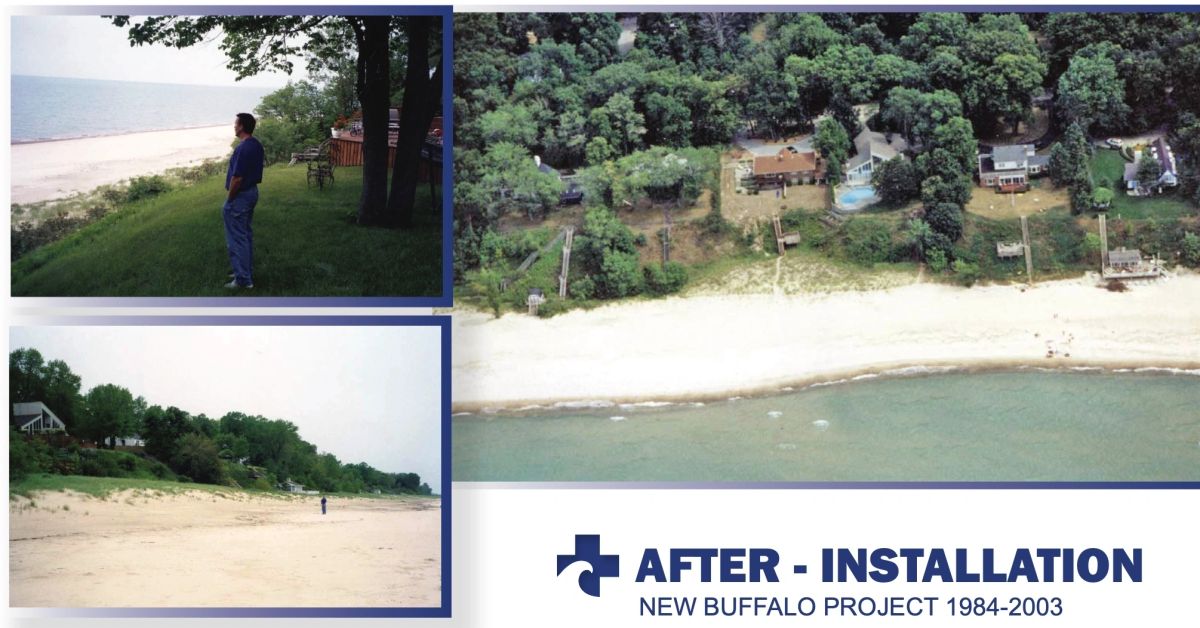 The same shoreline at site three after installation, with a wide rebuilt beach.