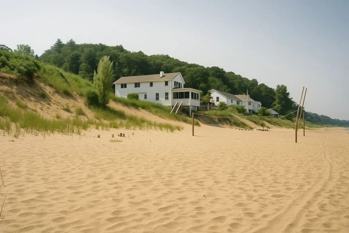 The same prototype site, circa 2003: the shoreline stabilized, with sand accumulated in front of the structure.